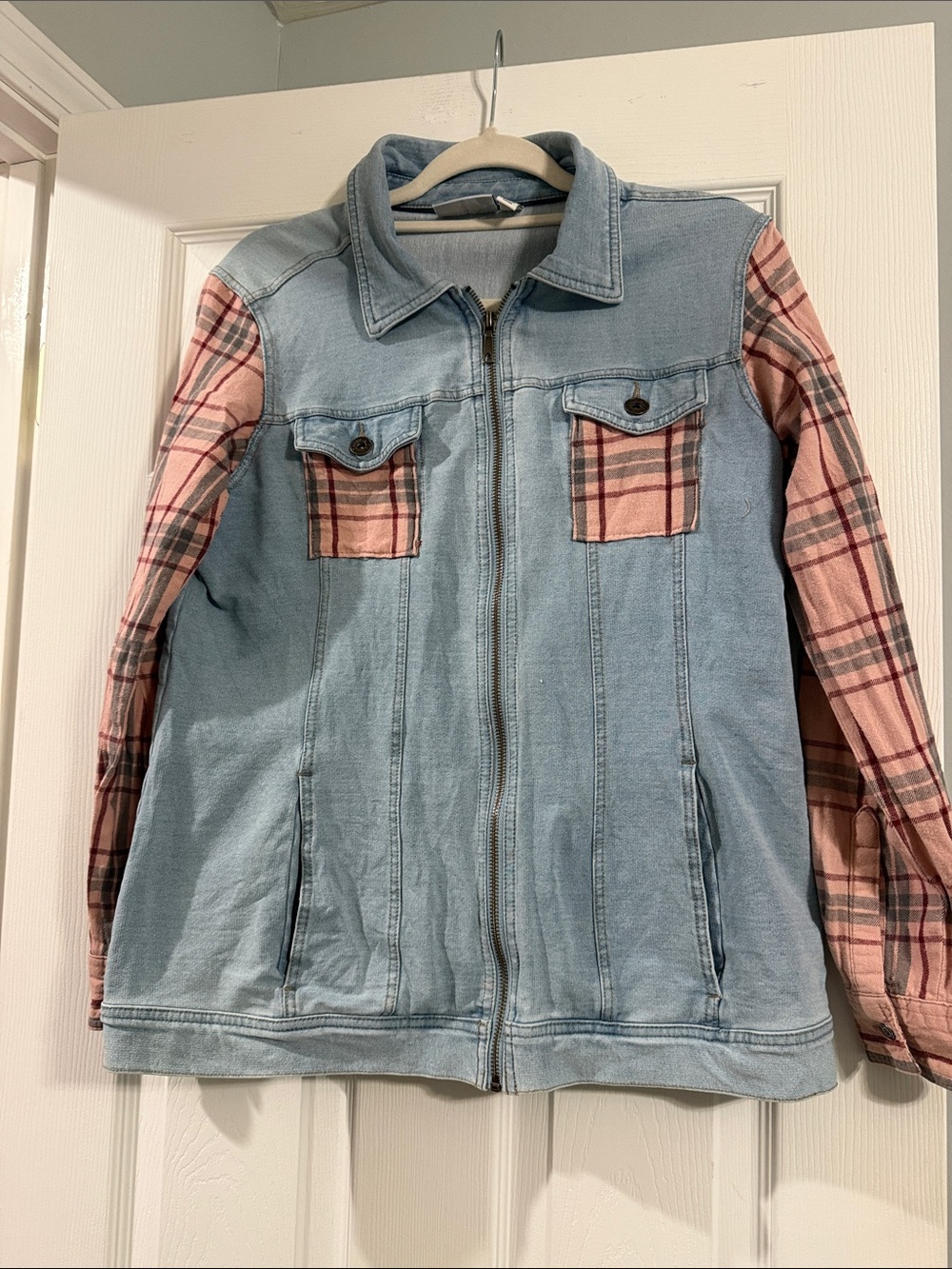 Light Wash Denim Jacket with Pink Plaid Sleeves - Adapted Jean Jacket Flannel